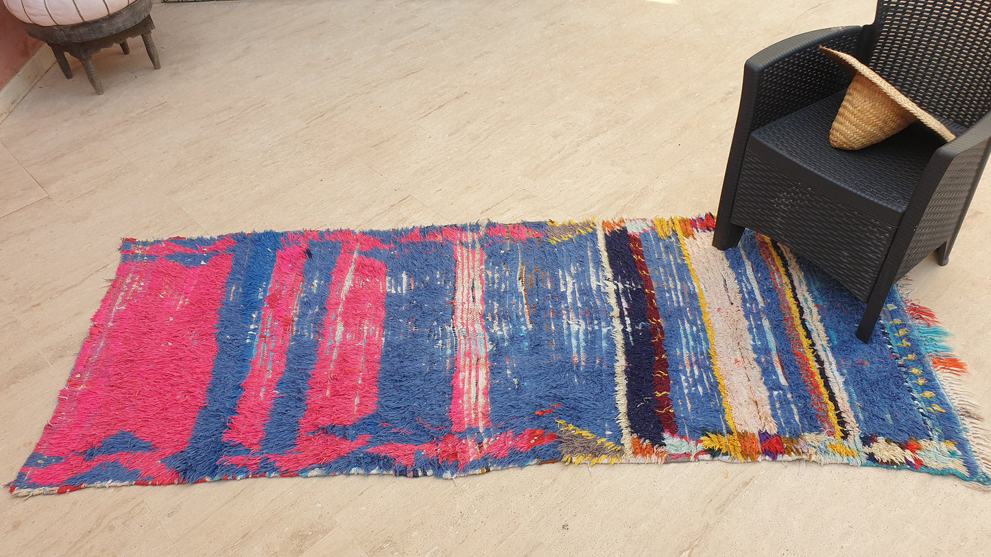 Vintage Moroccan Rug 3.2x7.8 Gorgeous Blue Pink Rug Boujaad Rug, fushia turquoise artistic Rug, boho boujaad rug