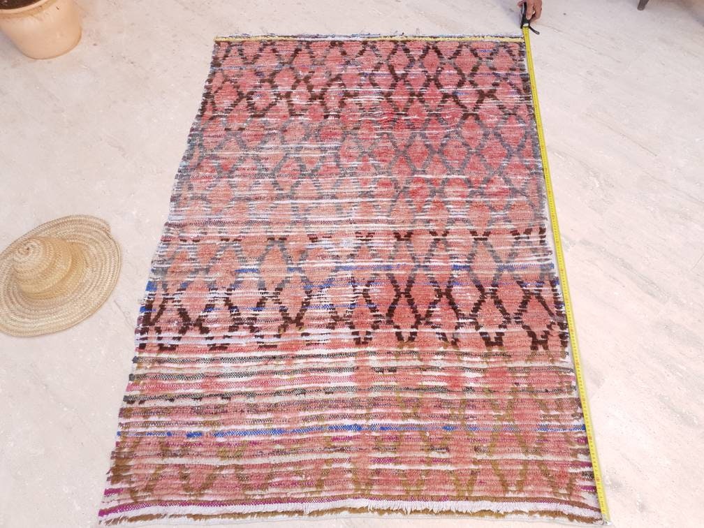 Vintage Moroccan Rug 4x6 Blush Boujaad Rug | tribal Pattern  pink checkered area Rug | accent rug blush pink rug