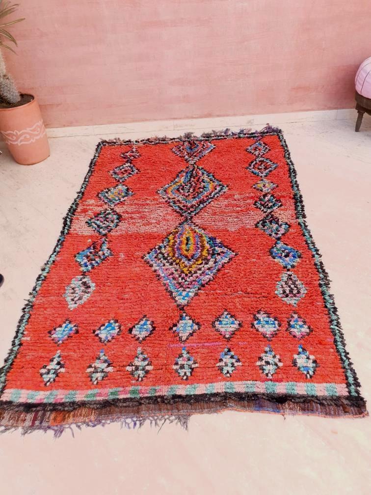 Vintage Moroccan Rug 5x7.7 Red bold vintage Boucherouite Rug, bedroom rug living room  hallway rug berber area rug
