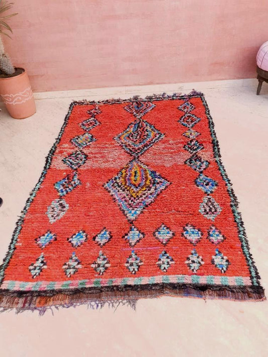 Vintage Moroccan Rug 5x7.7 Red bold vintage Boucherouite Rug, bedroom rug living room  hallway rug berber area rug