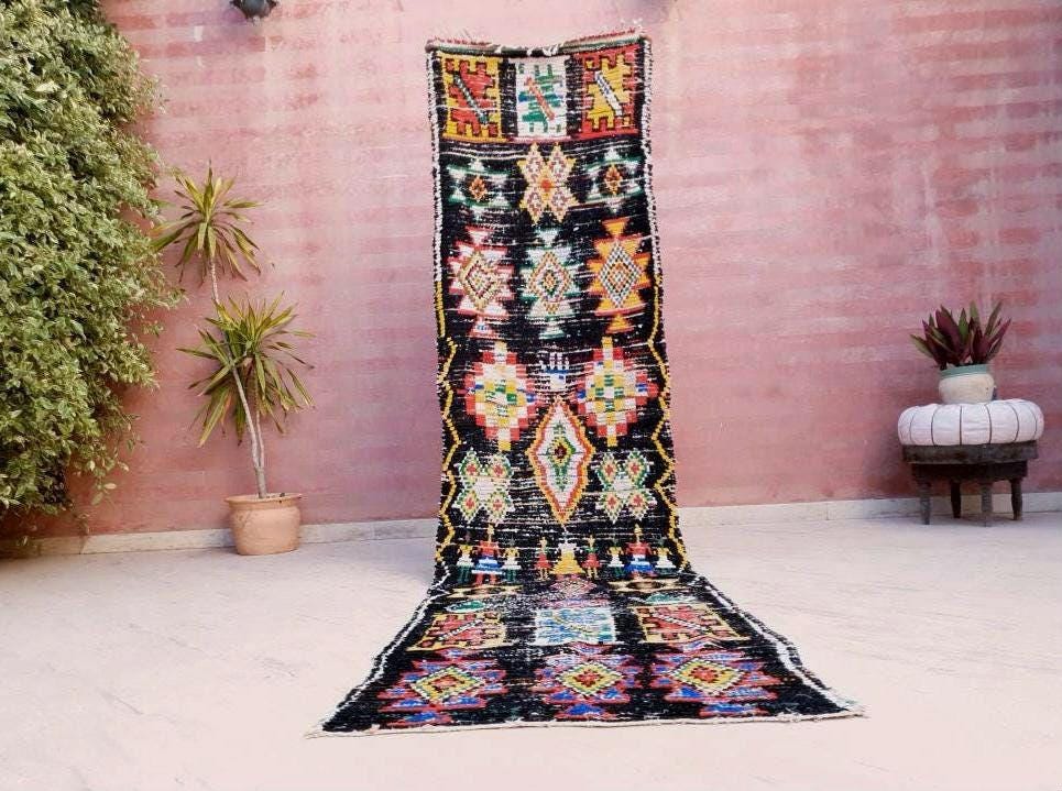 Vintage Moroccan Rug 2.7x11 Black Retro runner Rug Unique Hallway Rug bedroom living room rug boujaad runner rug