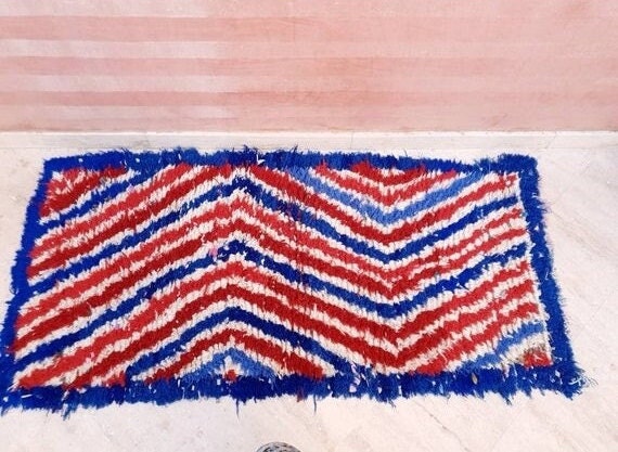Vintage Moroccan rug 2.6x5.6 beautiful Unique Runner rug USA blue red striped Moroccan Accent rug, unique Abstract Rug