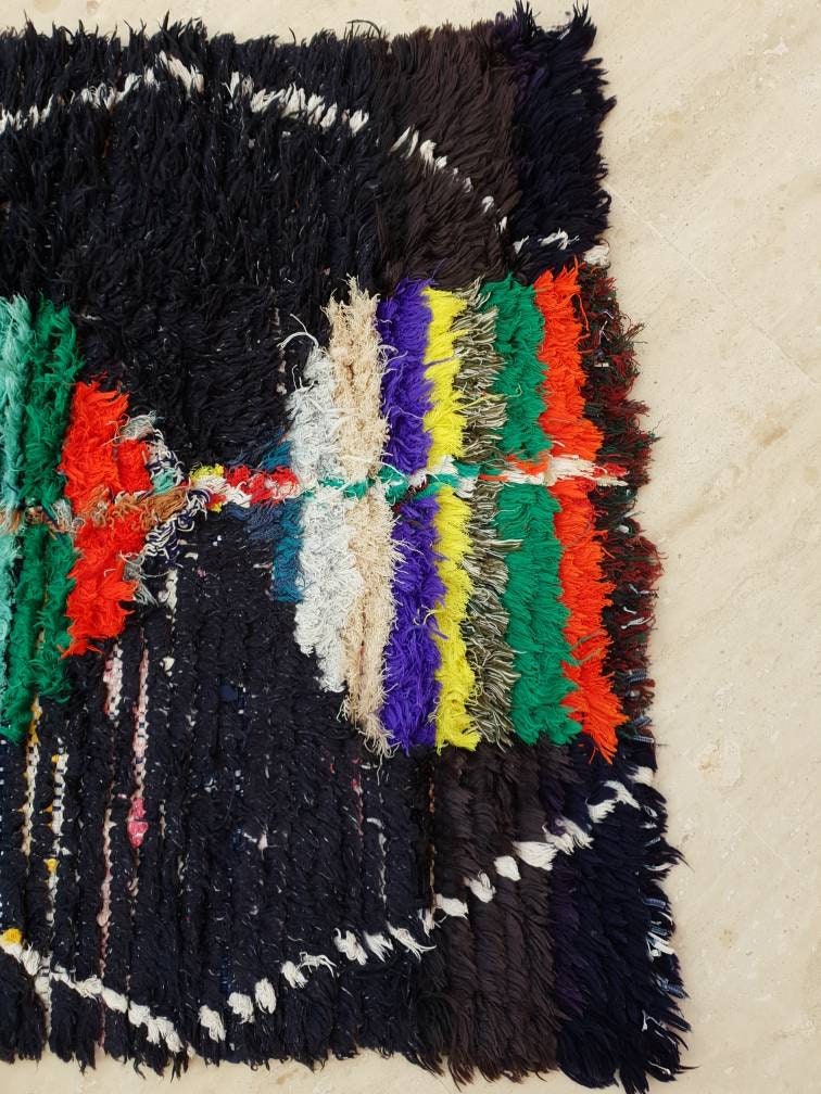 Vintage Moroccan Rug 2.7x7.5 black navy Runner Rug, Azilal rug, Black boucherouite rug, living room rug morrocan bedroom rug, boho rug,