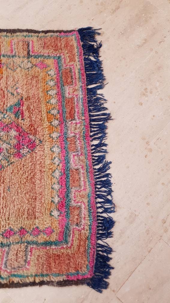 50% OFF CLOSING SALE Vintage Moroccan rug 4x10.2 Gorgeous Boujaad rug, Blush Aqua Beige Pink pastels rug vintage berber boujad hallway rug