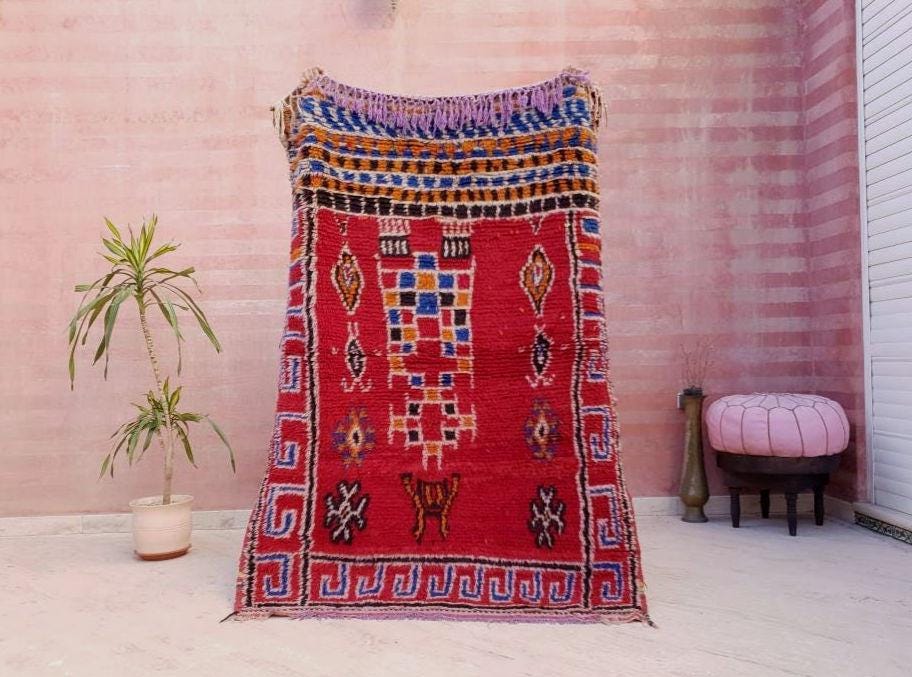 Vintage Moroccan rug 4x6 Fine Azilal rug, Authentic Berber morrocan rug, red bedroom rug living room rug boho rug vintage beni ourain rug