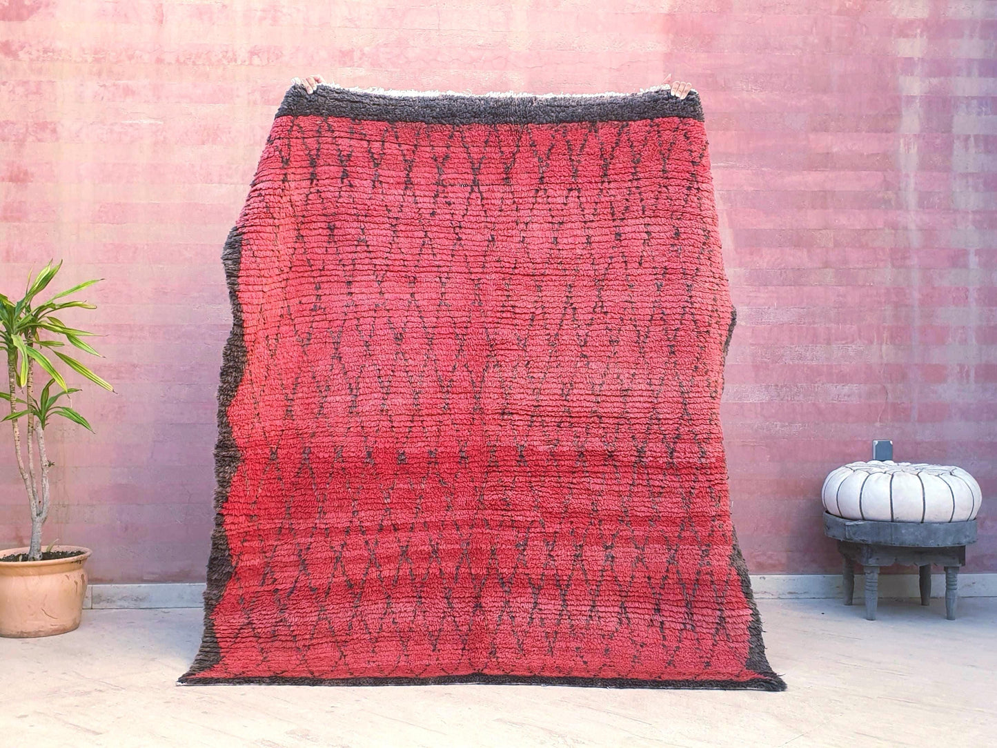 Vintage Moroccan Rug 5.3x6 Gorgeous Blush red Boujaad rug, muted red squarish rug, bedroom beni ourain rug checkered geometric rug