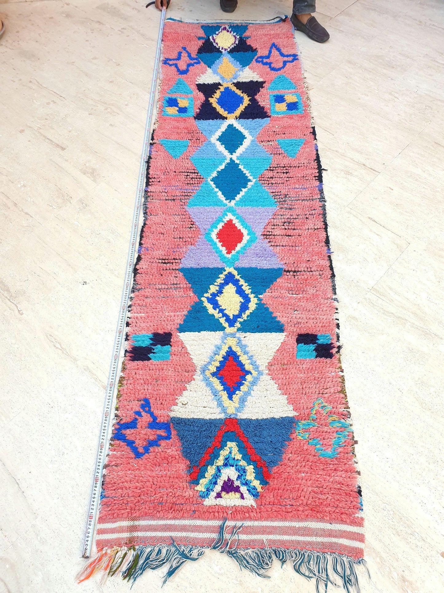 Gorgeous Moroccan rug 2.5x9 "Ibiza" Blue Pink Blue Colorful Runner rug, retro style  handmade hallway boujaad rug