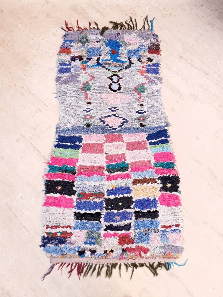 Vintage Moroccan Rug 2.6x5.6 Unique Boucherouite rug,  berber rug, Tribal Abstract rug, boho moroccan rug,Antique accent rug