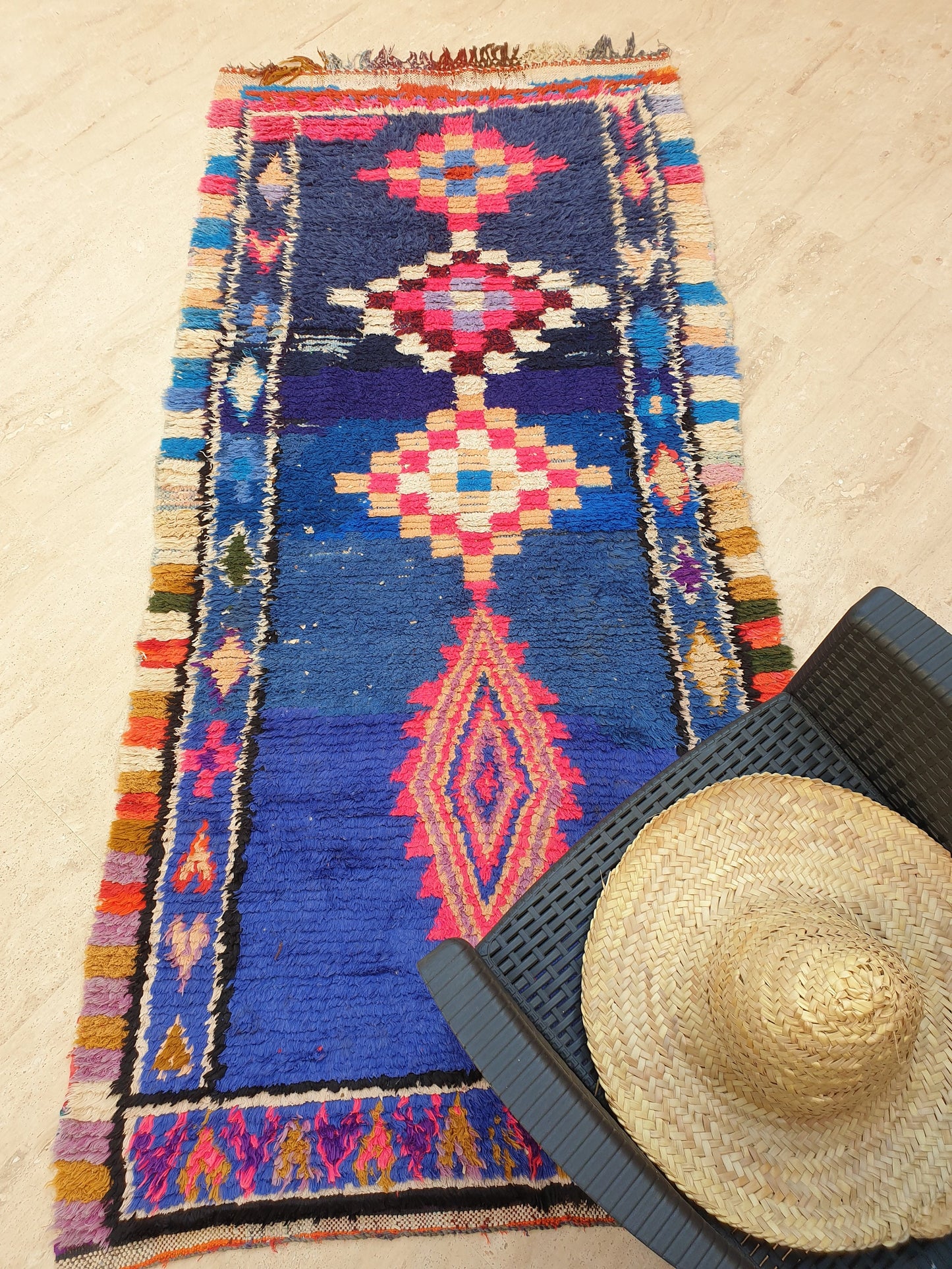 Vintage Moroccan rug 3.6x7.6 Unique Stunning blue Azilal Rug,  Abstract Berber runner rug, boujaad rug boucherouite rug