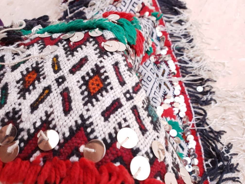 Antique Moroccan Wedding Blanket with Sequins, Berber Rug (3.6 ft x 2.5 ft)