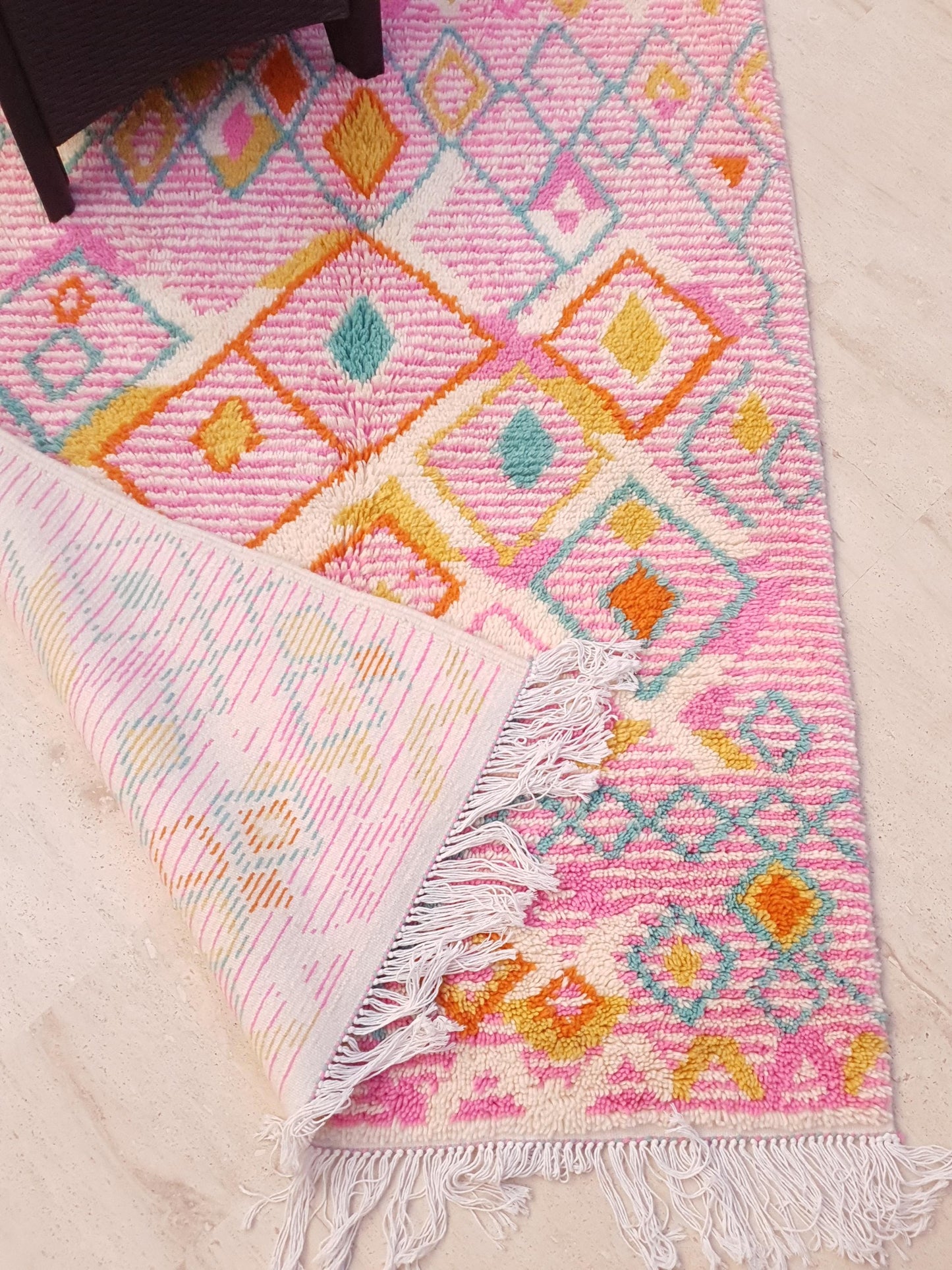 Azilal Wool Rug 4.1x5.7 ft • Custom One-of-a-Kind Moroccan Rug • Handspun Wool • Pink Turquoise Orange Diamond Design • Berber Tribal Rug