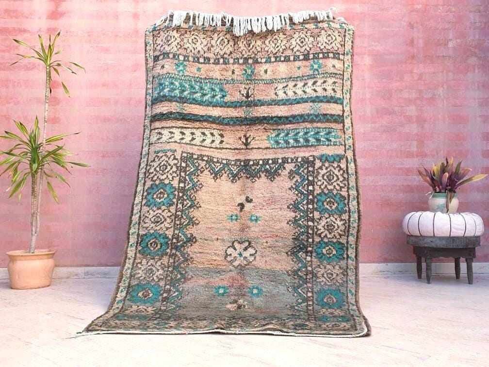 Vintage Moroccan Rug 4.5x7.6 Majestic Boujaad rug "Teal Poppies" blush Orange Geometric Rug