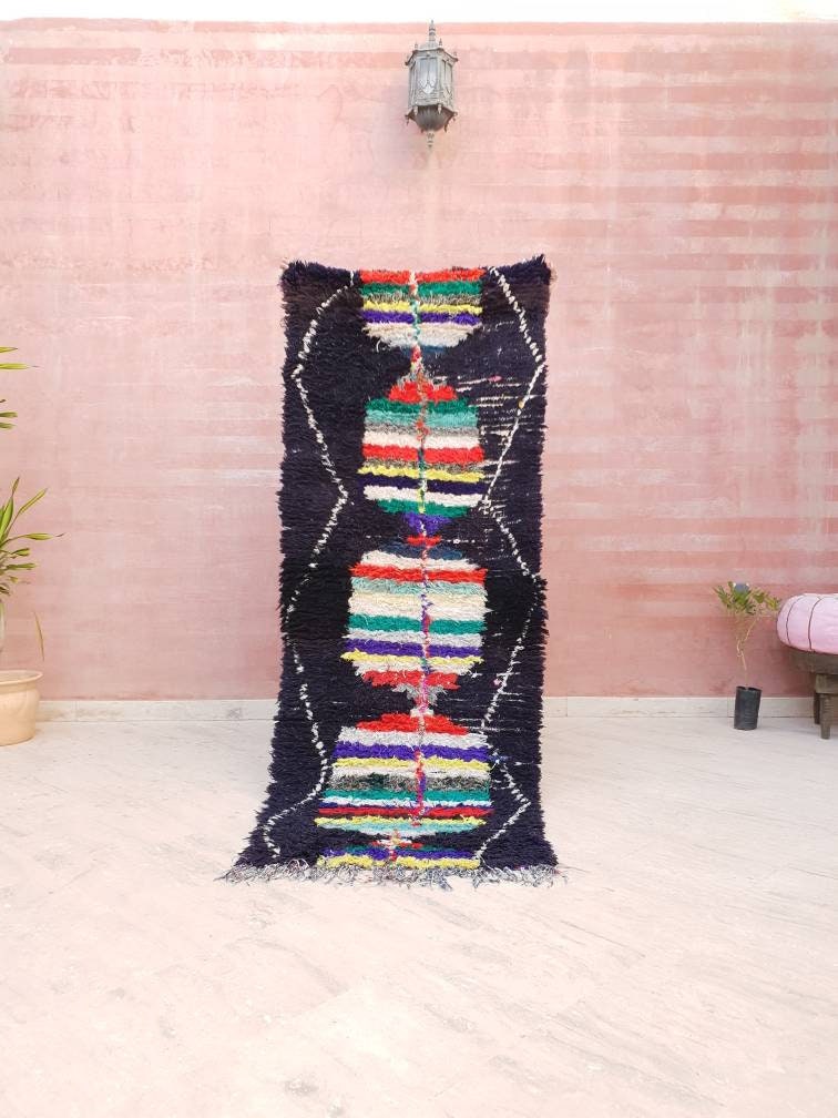 Vintage Moroccan Rug 2.7x7.5 black navy Runner Rug, Azilal rug, Black boucherouite rug, living room rug morrocan bedroom rug, boho rug,