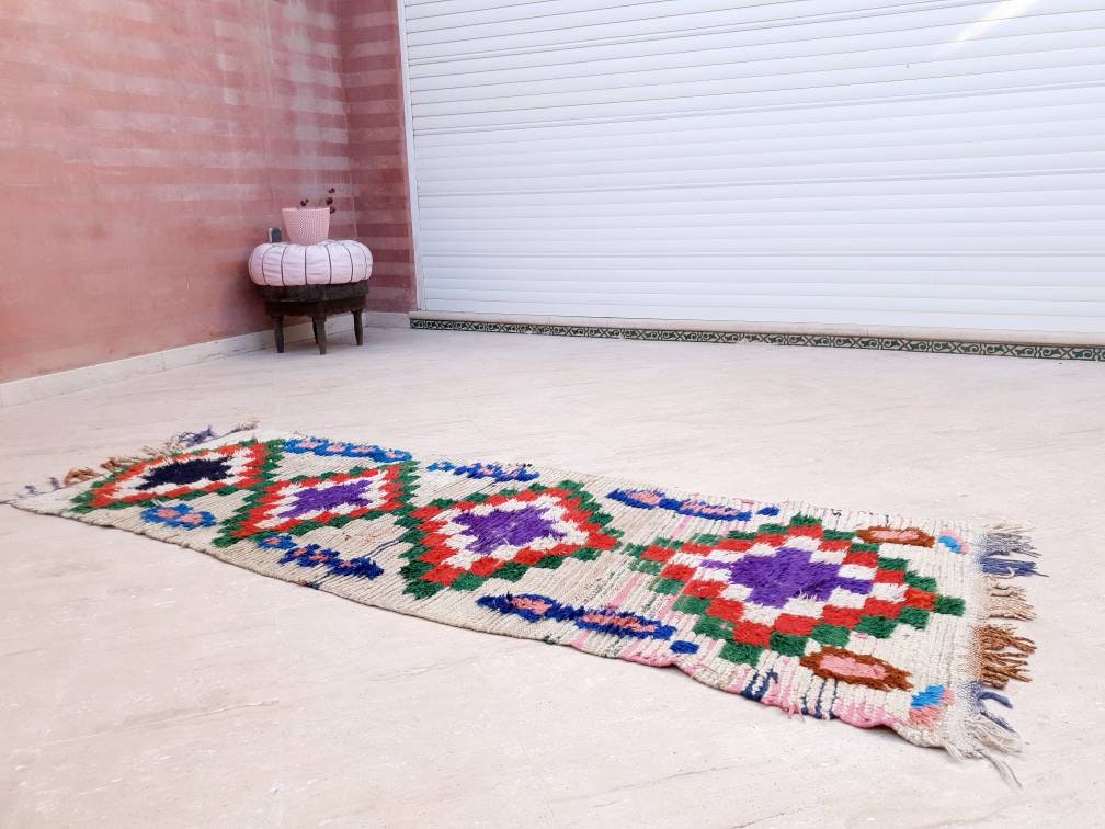 Vintage Moroccan Rug 3x7.2 Boujaad rug, Unique Boucherouite runner Rug, Boujad Rug | Hallway rug | living room rug  moroccan runner  rug