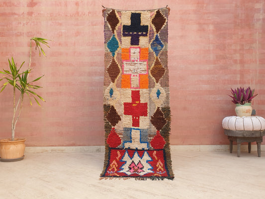 Vintage Moroccan Rug 2.5x6.6 Gorgeous Colorful Boujaad runner Rug, Geometric Accent rug, Hadmade orange accent rug