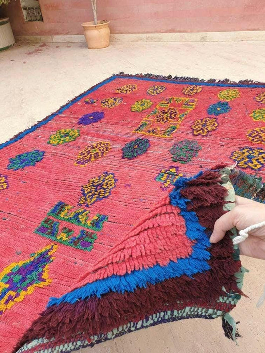 Vintage Moroccan Boujaad Rug • 4.2x6.5 ft • Coral Pink & Indigo • Bold Tribal Floral Wool Carpet • Handwoven Berber Statement Piece