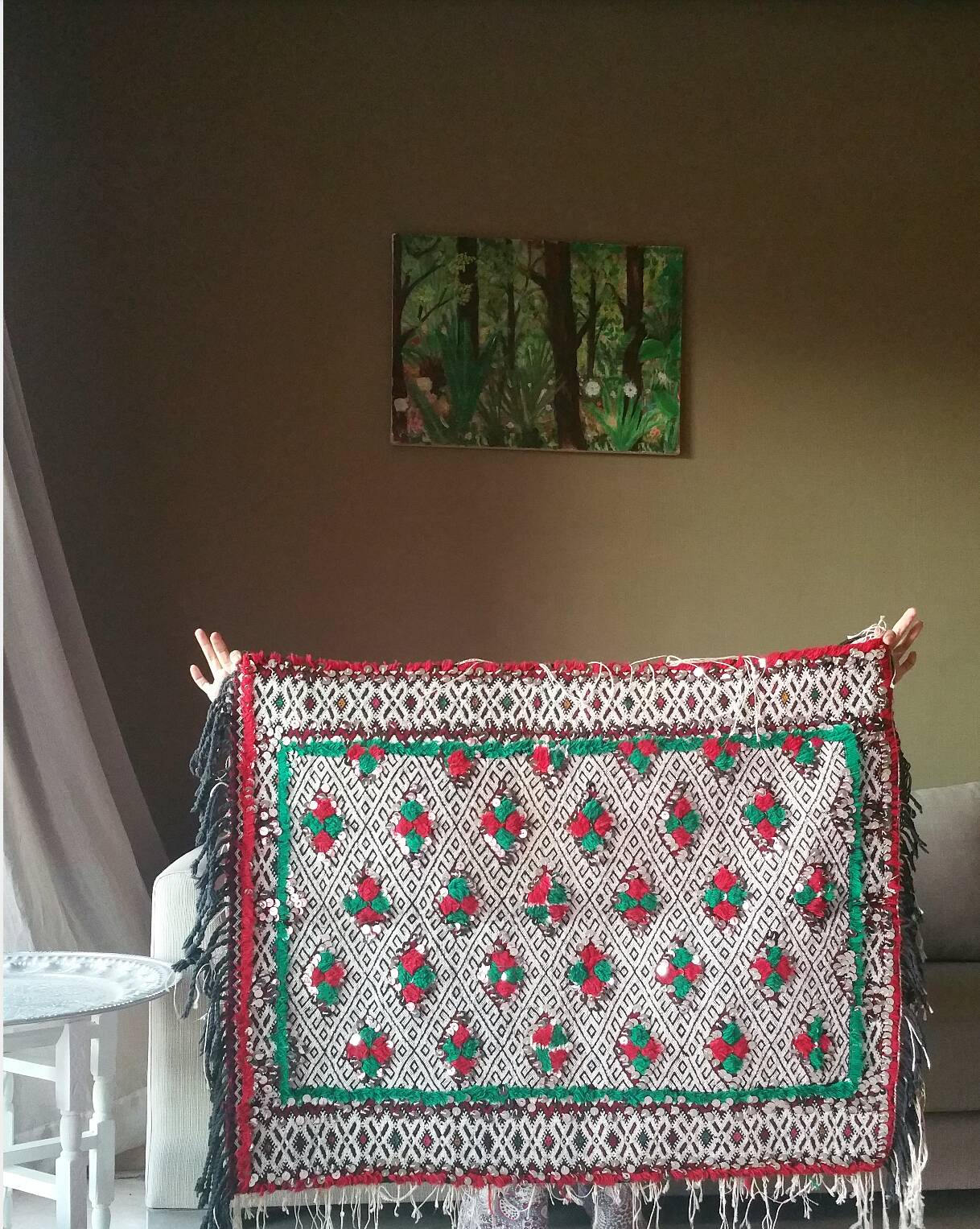 Antique Moroccan Wedding Blanket with Sequins, Berber Rug (3.6 ft x 2.5 ft)