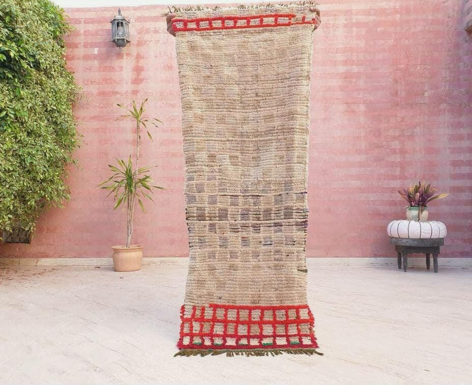 Vintage Moroccan rug 2x5.5 Gorgeous Blush Beige Red Grid Checkered rug | Boujaad hallway rug boujad statement piece