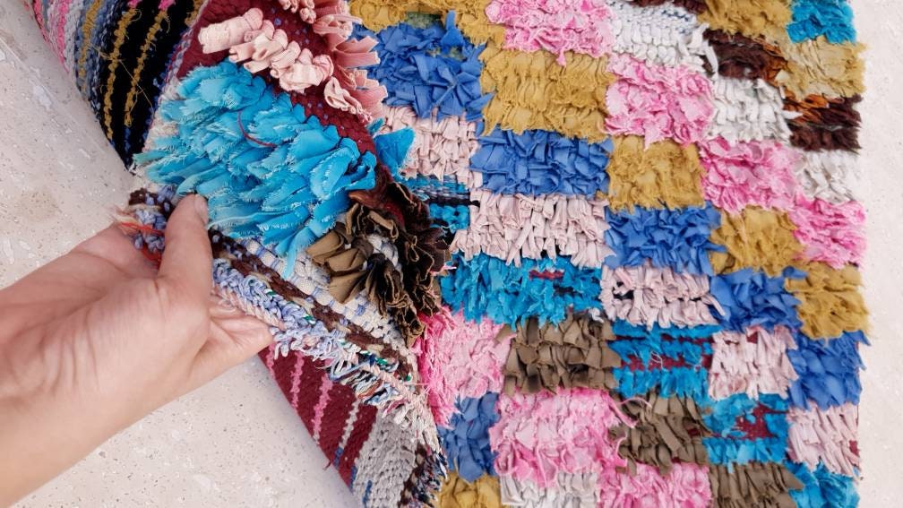 Vintage Moroccan Rug 2.5x7.7 Cute Checkered Runner Rug | Boujaad Rug  | Retro Berber Boucherouite Rug | Hallway Rug | Vintage Entry way Rug