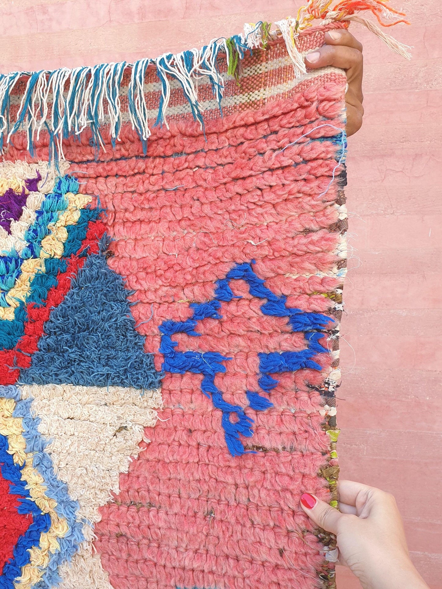 Gorgeous Moroccan rug 2.5x9 "Ibiza" Blue Pink Blue Colorful Runner rug, retro style  handmade hallway boujaad rug