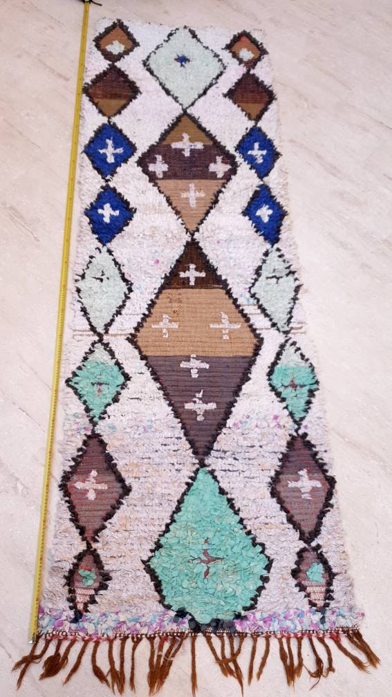Vintage Moroccan Rug 2.6x8.6 Beautiful Boucherouite Runner Rug Aqua Blue accent runner Rug Unique Hallway rug, Brown Beige boho rug