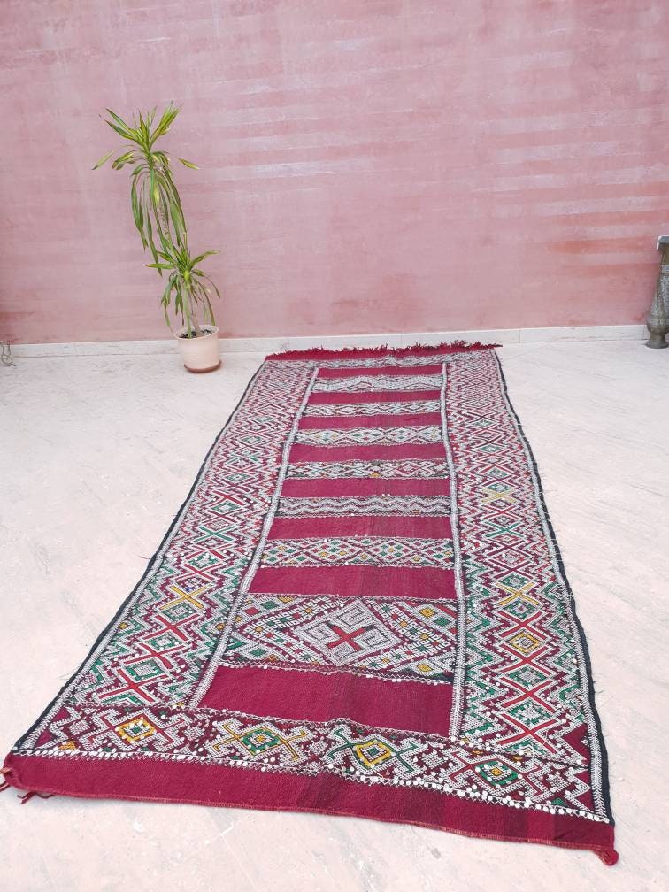Incredible Moroccan rug | Sequined 4×10 ft Berber Rug | maroon kilim rug bedroom rug living room rug