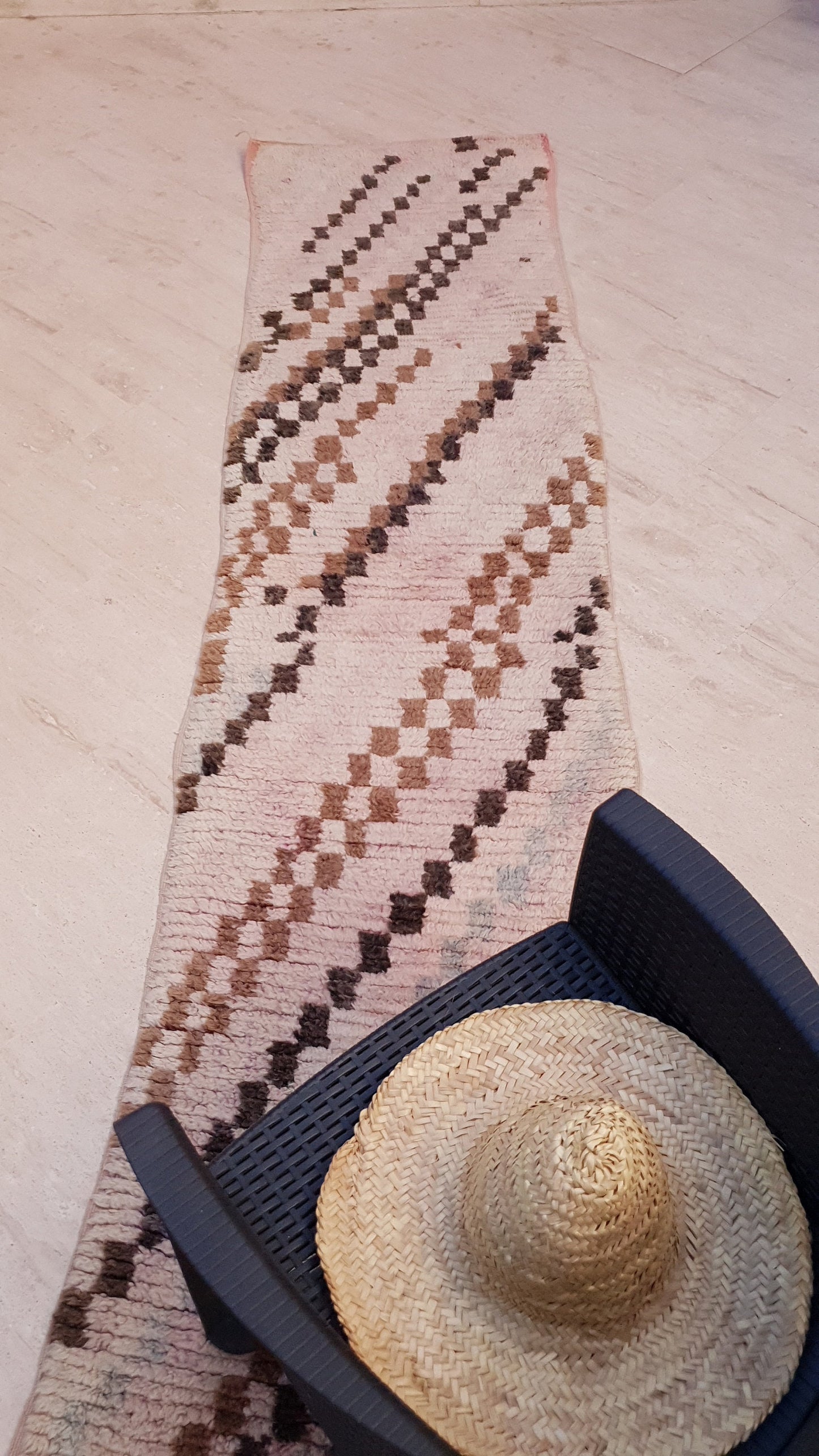 50% OFF CLOSING SALE Vintage Moroccan Rug 2.4x9.8 checkered Boujad Runner Rug, Super unique Berber Brown Blush hallway Rug, boho boujaad rug