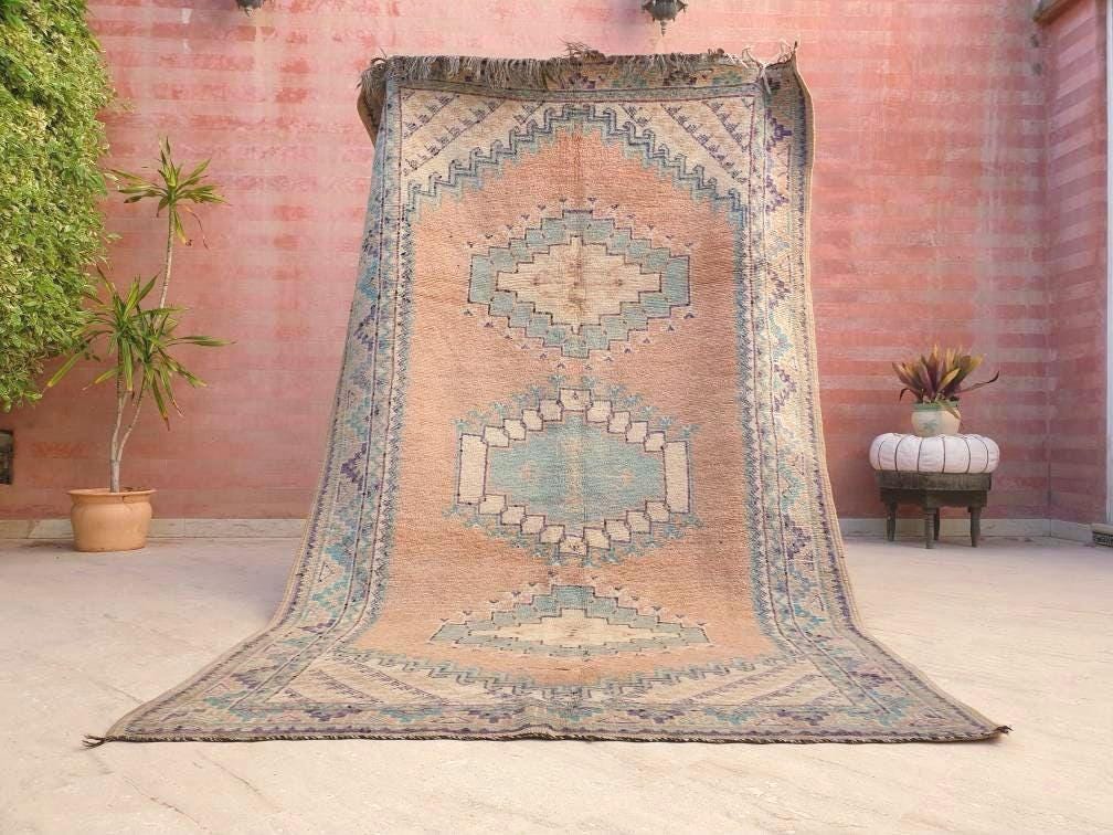 Vintage Moroccan rug 5x8.5 Precious Blush teal lavender Rug, Peach boujaad rug, Unique Taznakht rug