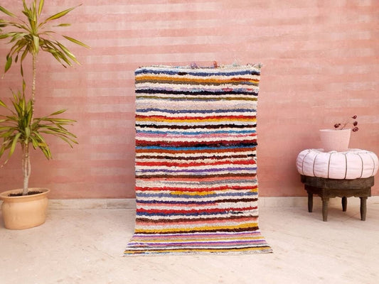 Vintage Moroccan Rug | Colorful Boucherouite Rug | Horizontal Lines Rug | Unique Pretty berber rug | artistic boujaad vintage rug