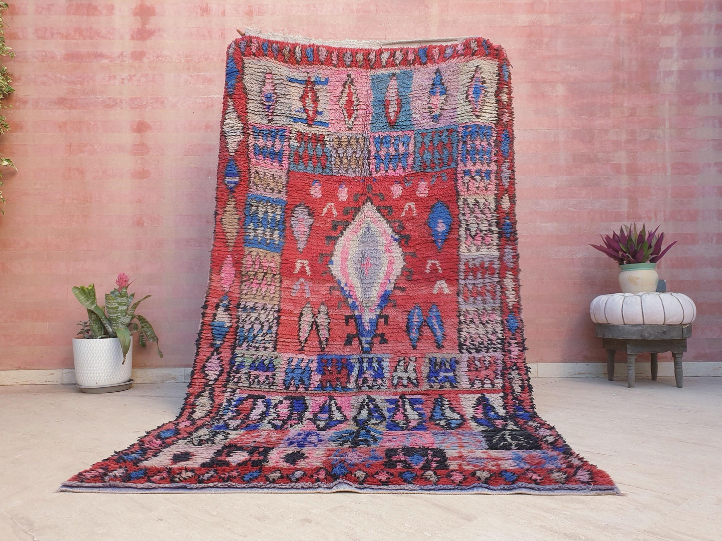 Vintage Moroccan Boujaad Rug • 4.9x9.2 ft • Red, Blue, and Lavender Tribal Wool Carpet • Bold Bohemian Berber Statement Piece