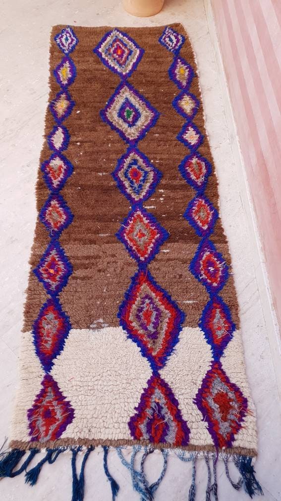 Vintage Moroccan rug, Unique Statement hallway rug, beige Cream runner rug, brown boujaad rug, boucherouite rug, morocco rug