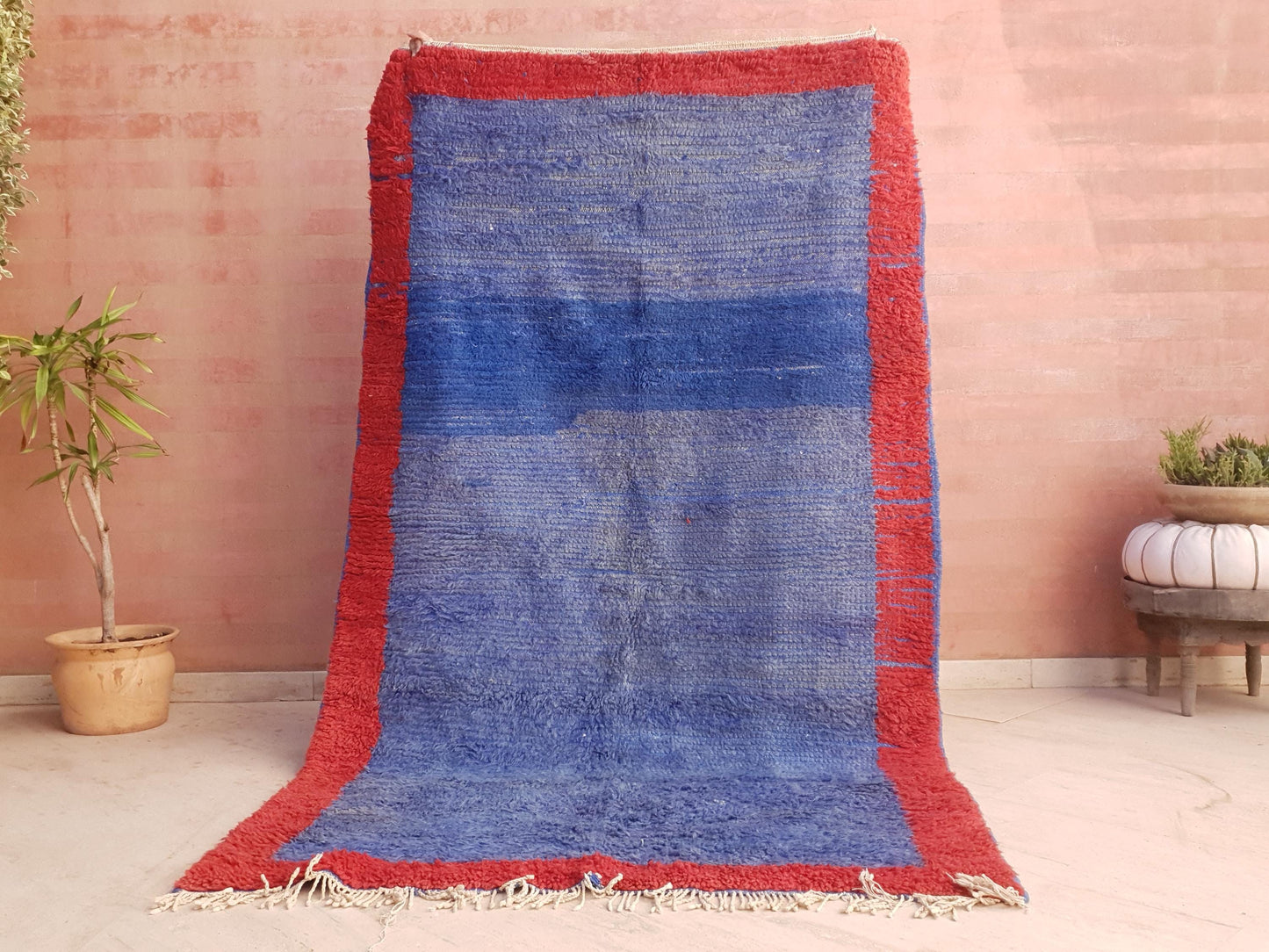 Vintage Moroccan Rug 4.8x8 | Minimal Blue Red Boujaad Rug | Modern Tribal Rug | One-of-a-Kind Berber Carpet