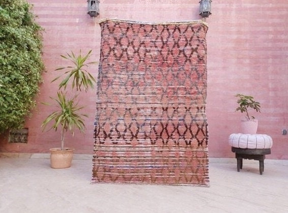 Vintage Moroccan Rug 4x6 Blush Boujaad Rug | tribal Pattern  pink checkered area Rug | accent rug blush pink rug