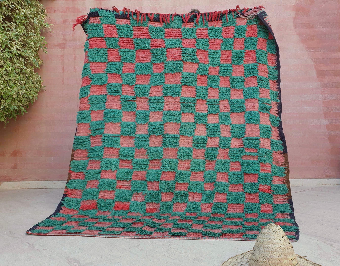 Gorgeous Green Moroccan Rug 5.6x6.9 ft Checkered green pink coral tribal rug, unique boujaad rug, squarish berber rug, salmon handmade rug