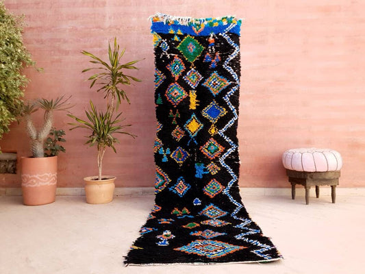 Vintage Moroccan Rug, Black Rug 2.7x9.2 Unique Black Hallway Rug | Black with Colors runner rug  boucherouite rug