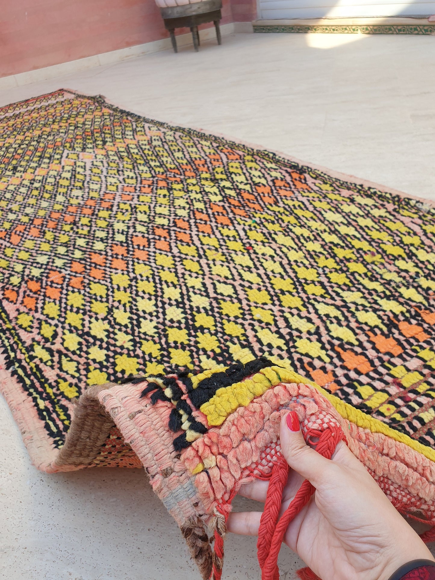 Vintage Moroccan Rug 3.5x11.5 Stunning Antique Boujaad Rug Enthralling Boujad, Pink Peach Rug, tribal rug