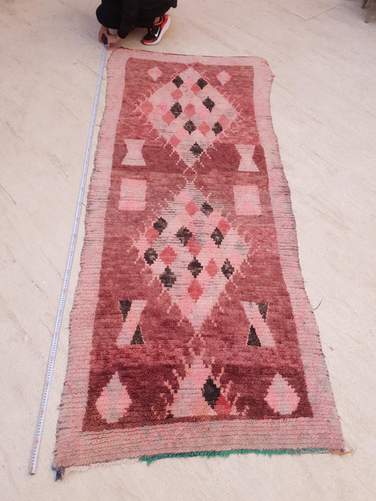 Vintage Moroccan Rug 3.5x8.5 Gorgeous Boujaad Blush Pink Brown rug, Beige Cream Hallway rug, Unique runner rug Authentic Berber Boujad rug