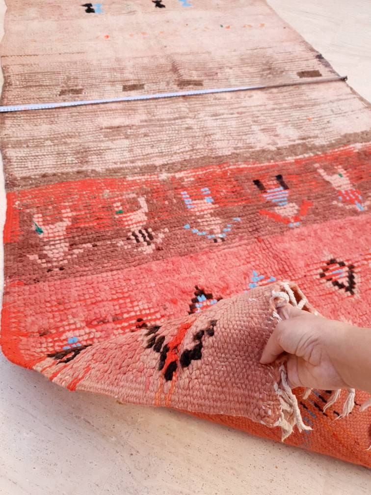 Vintage Moroccan rug 4x8.4 Unique boujaad rug "6 People" Blush pink Antique beige Boujad rug, Unique bohemian bedroom rug morocco rug