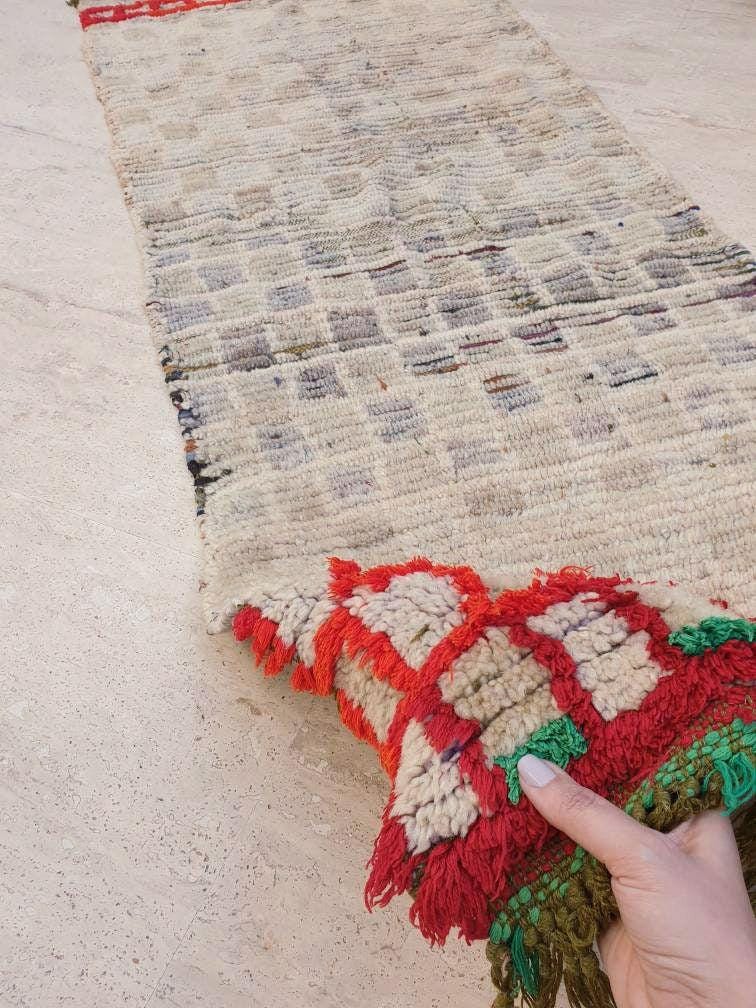 Vintage Moroccan rug 2x5.5 Gorgeous Blush Beige Red Grid Checkered rug | Boujaad hallway rug boujad statement piece
