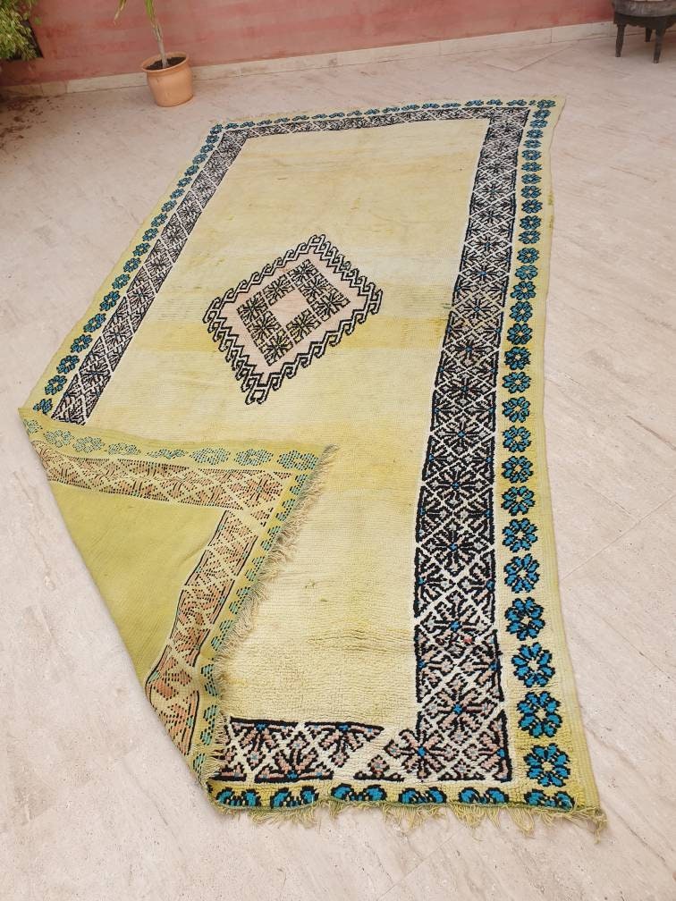 50% OFF CLOSING SALE Precious Moroccan Rug 6.6x13 Vintage Boujaad rug, Gaudi Artistic rug, Large yellow mustard rug, Unique Boujad rug