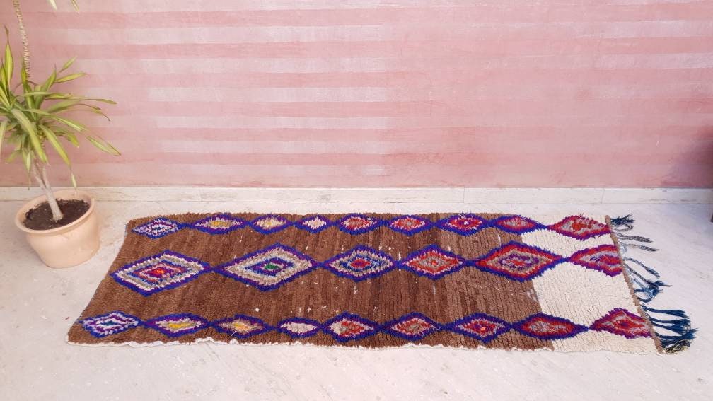 Vintage Moroccan rug, Unique Statement hallway rug, beige Cream runner rug, brown boujaad rug, boucherouite rug, morocco rug