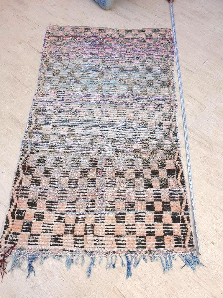 Vintage Moroccan Rug 4.2x7.1 Gorgeous Blush Checkered Boujaad Rug | living room rug | Purple Peach checkered Area Rug