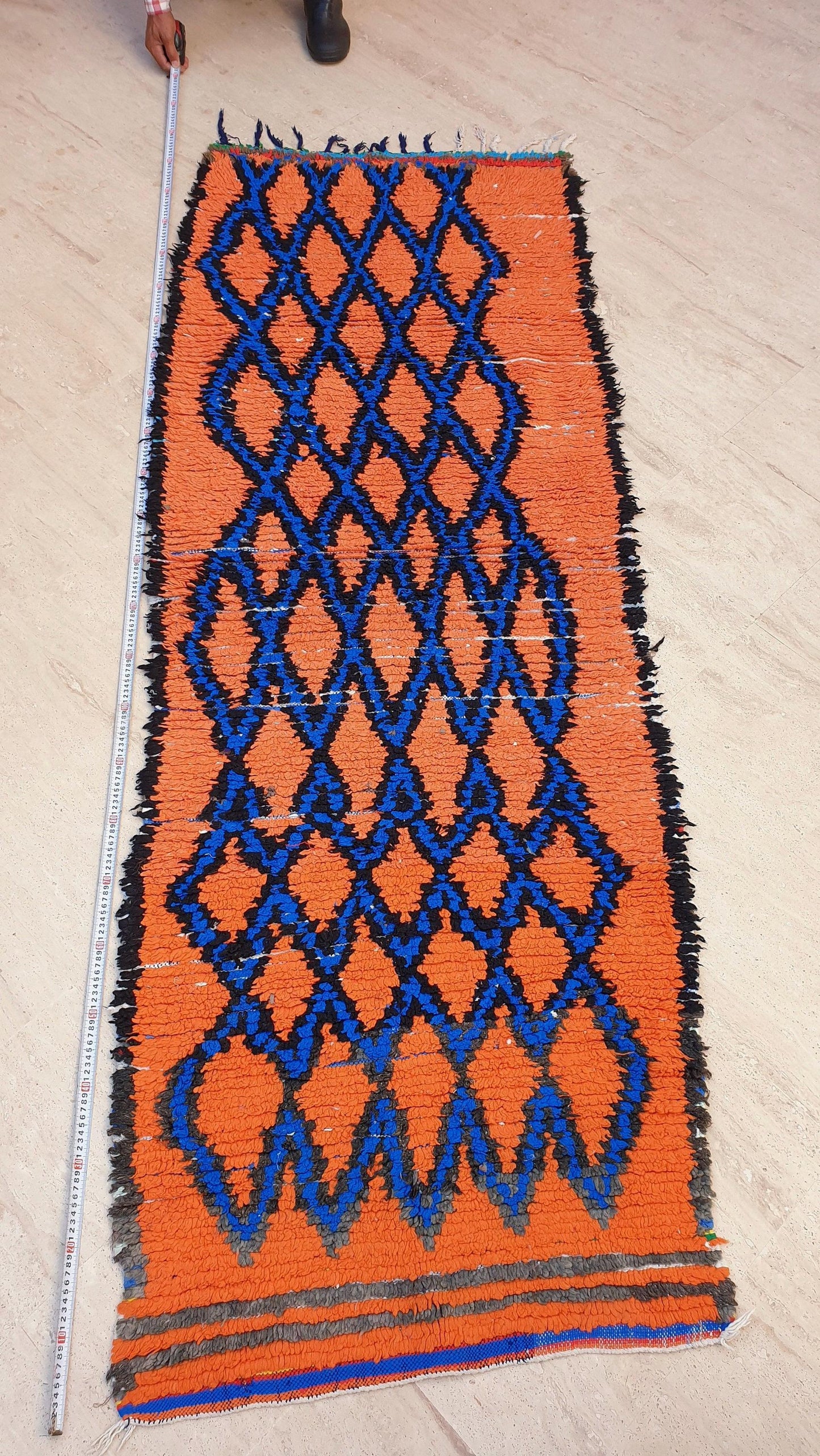 50% OFF CLOSING SALE Stunning Moroccan Runner Rug 2.8x6.5 Super Pretty Boujaad rug, Artistic Blue Papaya Orange Geometric Hallway rug