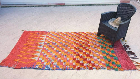 50% OFF CLOSING SALE Vintage Moroccan rug 4.1x8.7 Gorgeous checkered rug Orange Coral Green Rug Boujaad hallway rug boujad colorful rug