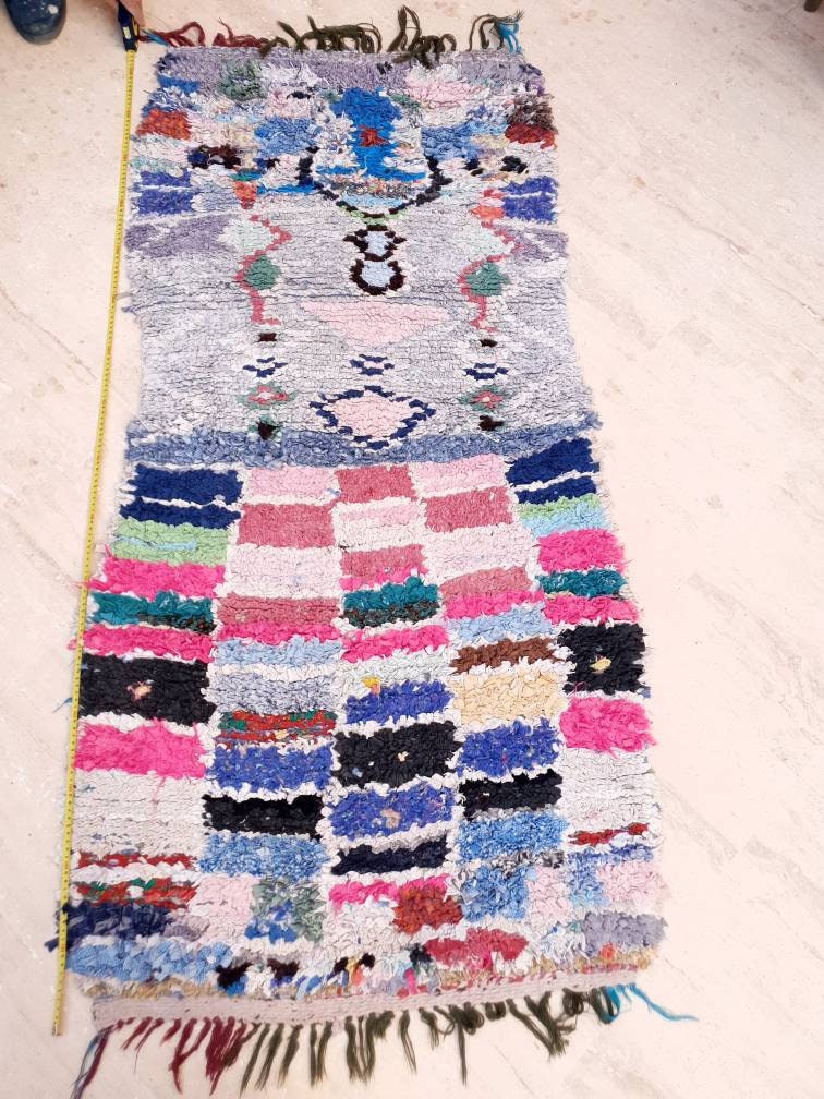 Vintage Moroccan Rug 2.6x5.6 Unique Boucherouite rug,  berber rug, Tribal Abstract rug, boho moroccan rug,Antique accent rug