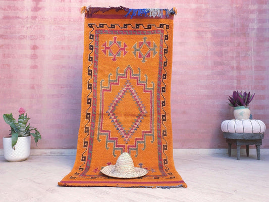 50% OFF CLOSING SALE Vintage Moroccan Rug, 3.5x8.3 Gorgeous Orange Berber bedside rug hallway rug orange colorful rug, Geometric boujaad rug