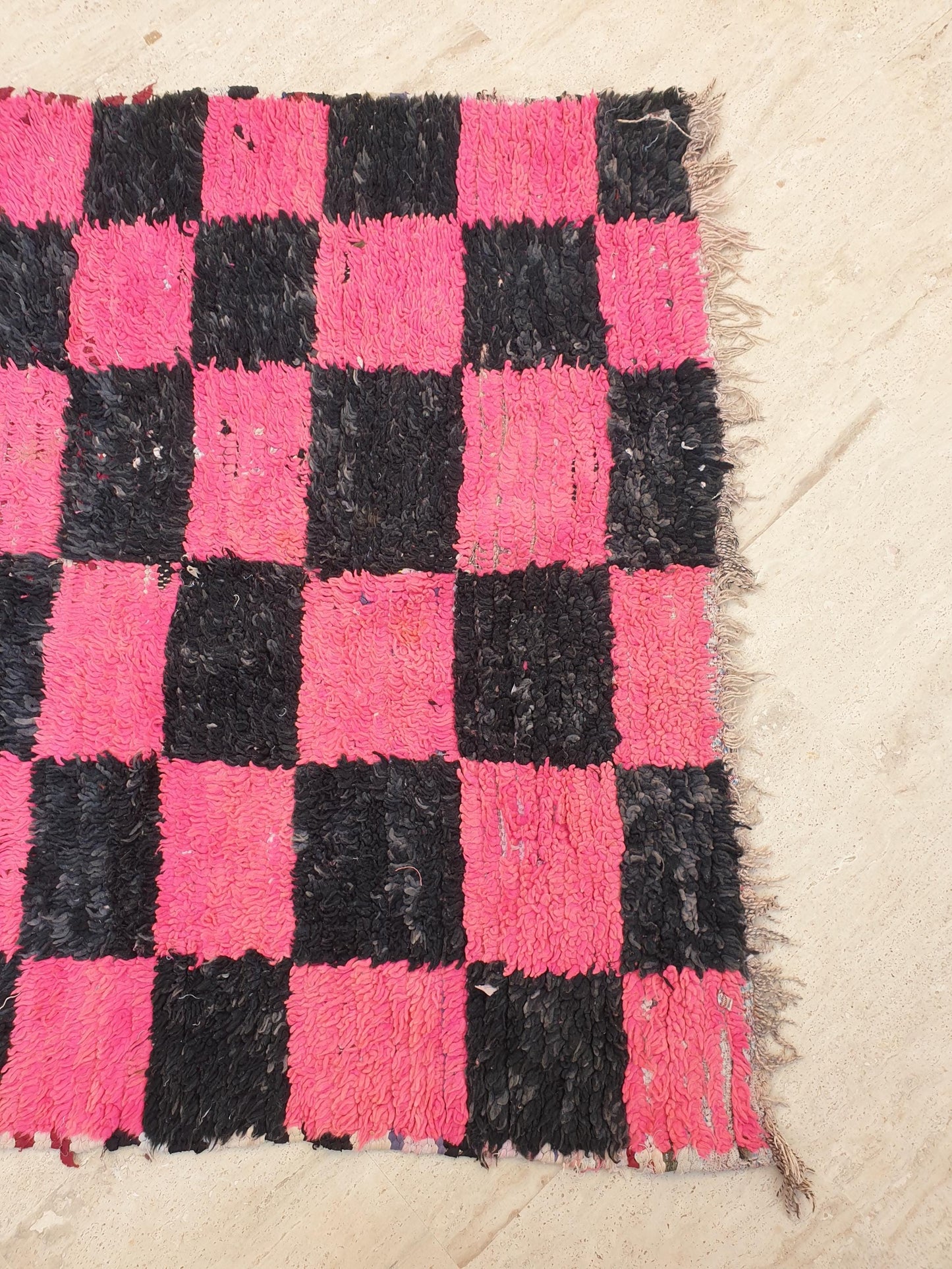 Gorgeous hot pink checkered runner rug 4x11.2 unique wide boucherouite hallway rug, wool rag Berber rug, pink green boujaad rug