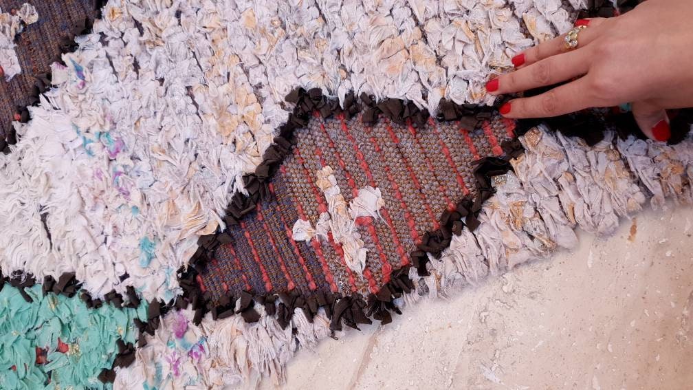 Vintage Moroccan Rug 2.6x8.6 Beautiful Boucherouite Runner Rug Aqua Blue accent runner Rug Unique Hallway rug, Brown Beige boho rug