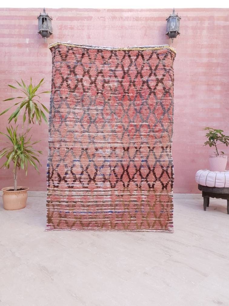 Vintage Moroccan Rug 4x6 Blush Boujaad Rug | tribal Pattern  pink checkered area Rug | accent rug blush pink rug