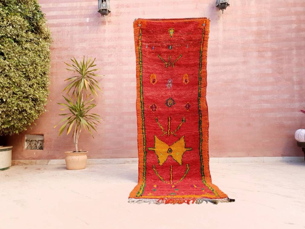 Vintage Moroccan Rug 2.6x8 Gorgeous Abstract Runner Rug, Unique Red Berber boujaad rug bedroom rug, living room rug be